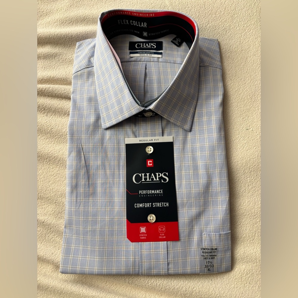 Chaps Men's Light Blue and Gray Plaid Dress Shirt